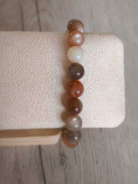 Bracelet boule 10mm Pierre de Lune multicolore